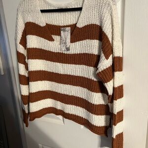 Nordstrom Brown and White Striped V-Neck Sweater